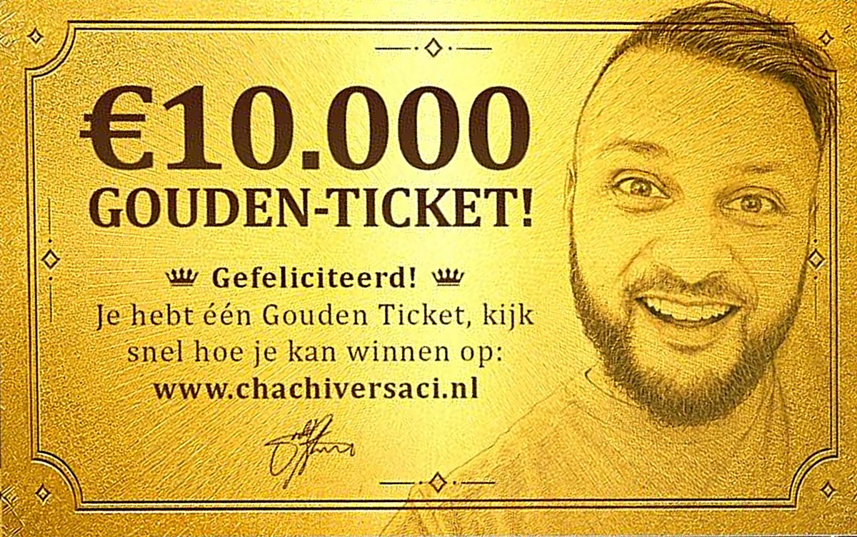 Het gouden ticket van €10.000 bruto: de hoofdprijs voor de winnaar van de finale in de chocoladefabriek